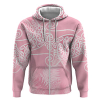 Aotearoa Maori Koru Curves Zip Hoodie Silver Ferns - Rose Pink