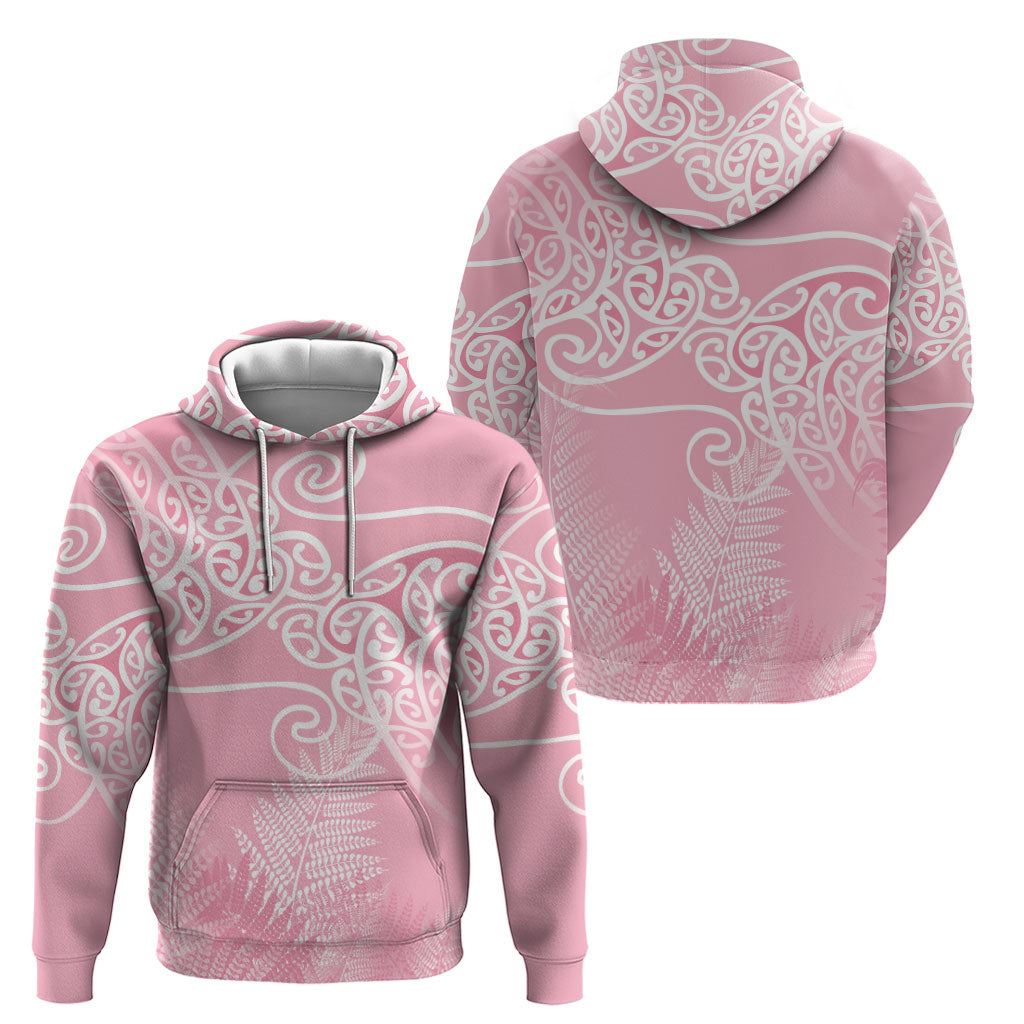 Aotearoa Maori Koru Curves Zip Hoodie Silver Ferns - Rose Pink