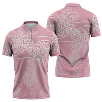 Aotearoa Maori Koru Curves Zipper Polo Shirt Silver Ferns - Rose Pink