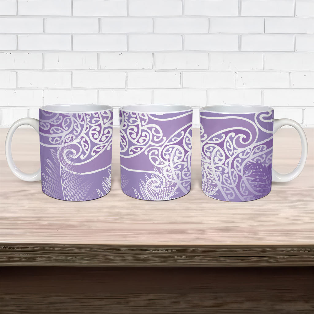Aotearoa Maori Koru Curves Ceramic Mug Silver Ferns - Amethyst