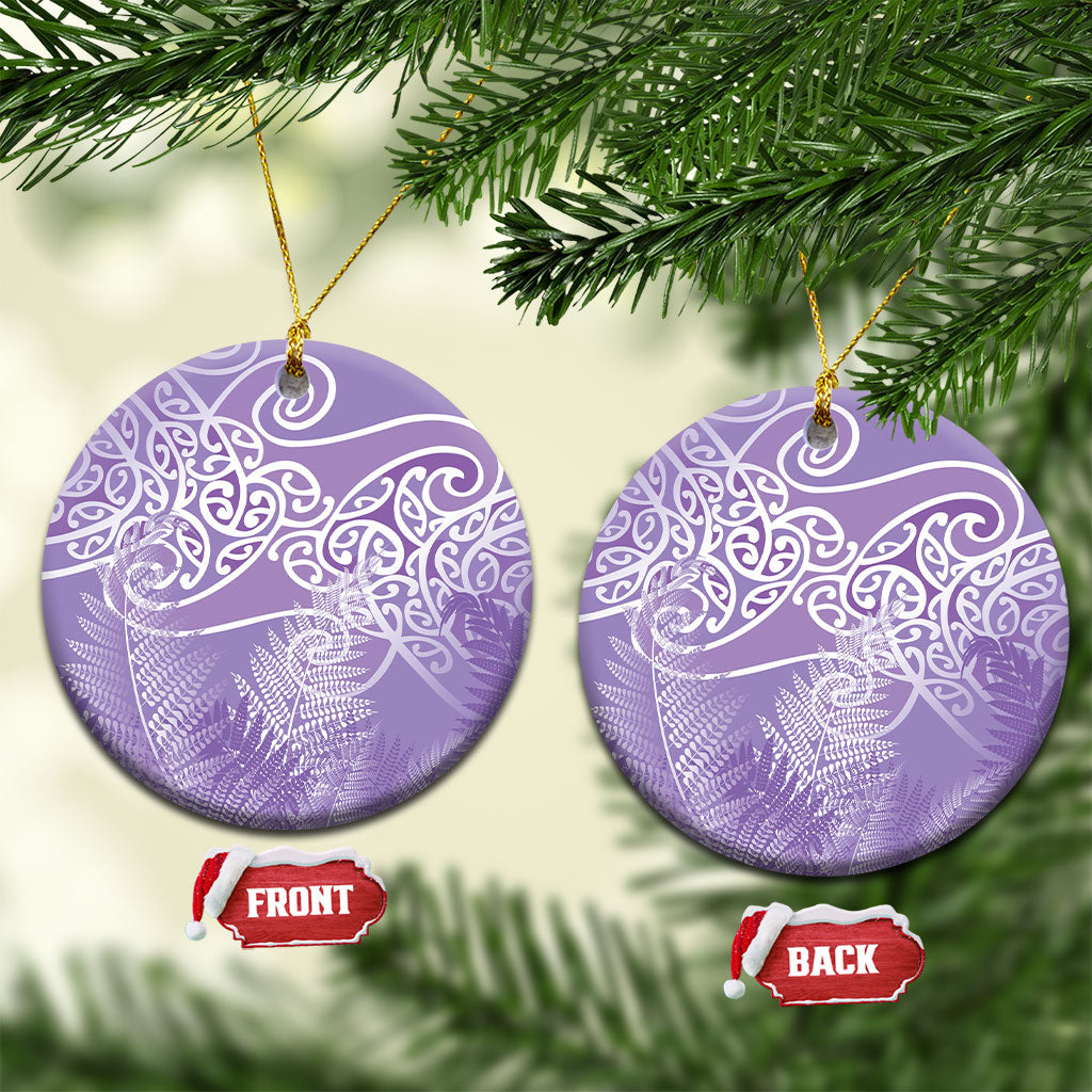 Aotearoa Maori Koru Curves Ceramic Ornament Silver Ferns - Amethyst LT7 Circle Purple - Polynesian Pride