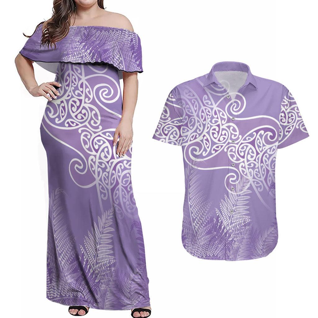 Aotearoa Maori Koru Curves Couples Matching Off Shoulder Maxi Dress and Hawaiian Shirt Silver Ferns - Amethyst