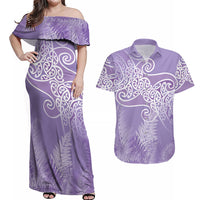 Aotearoa Maori Koru Curves Couples Matching Off Shoulder Maxi Dress and Hawaiian Shirt Silver Ferns - Amethyst