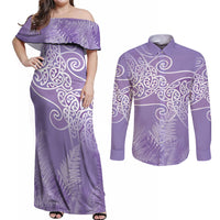 Aotearoa Maori Koru Curves Couples Matching Off Shoulder Maxi Dress and Long Sleeve Button Shirt Silver Ferns - Amethyst