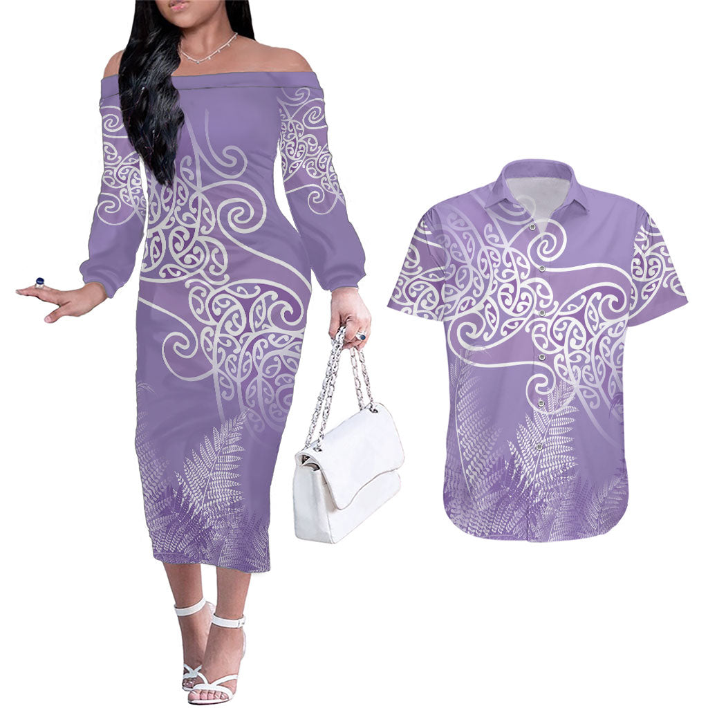 Aotearoa Maori Koru Curves Couples Matching Off The Shoulder Long Sleeve Dress and Hawaiian Shirt Silver Ferns - Amethyst