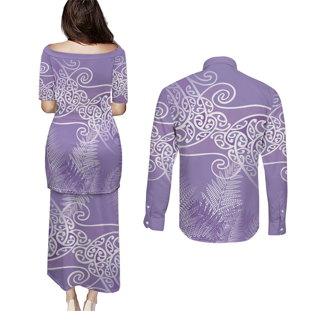 Aotearoa Maori Koru Curves Couples Matching Puletasi and Long Sleeve Button Shirt Silver Ferns - Amethyst