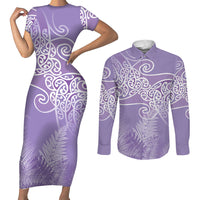 Aotearoa Maori Koru Curves Couples Matching Short Sleeve Bodycon Dress and Long Sleeve Button Shirt Silver Ferns - Amethyst