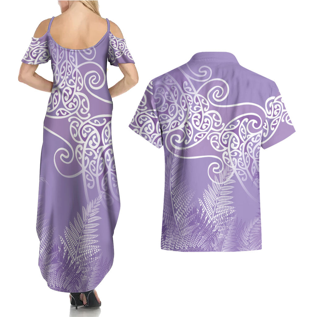 Aotearoa Maori Koru Curves Couples Matching Summer Maxi Dress and Hawaiian Shirt Silver Ferns - Amethyst