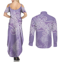 Aotearoa Maori Koru Curves Couples Matching Summer Maxi Dress and Long Sleeve Button Shirt Silver Ferns - Amethyst LT7 - Polynesian Pride