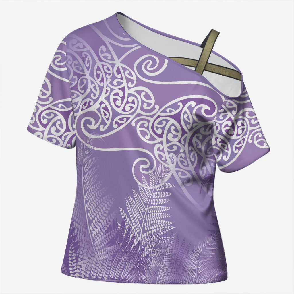 Aotearoa Maori Koru Curves Cross Shoulder Shirt Silver Ferns - Amethyst