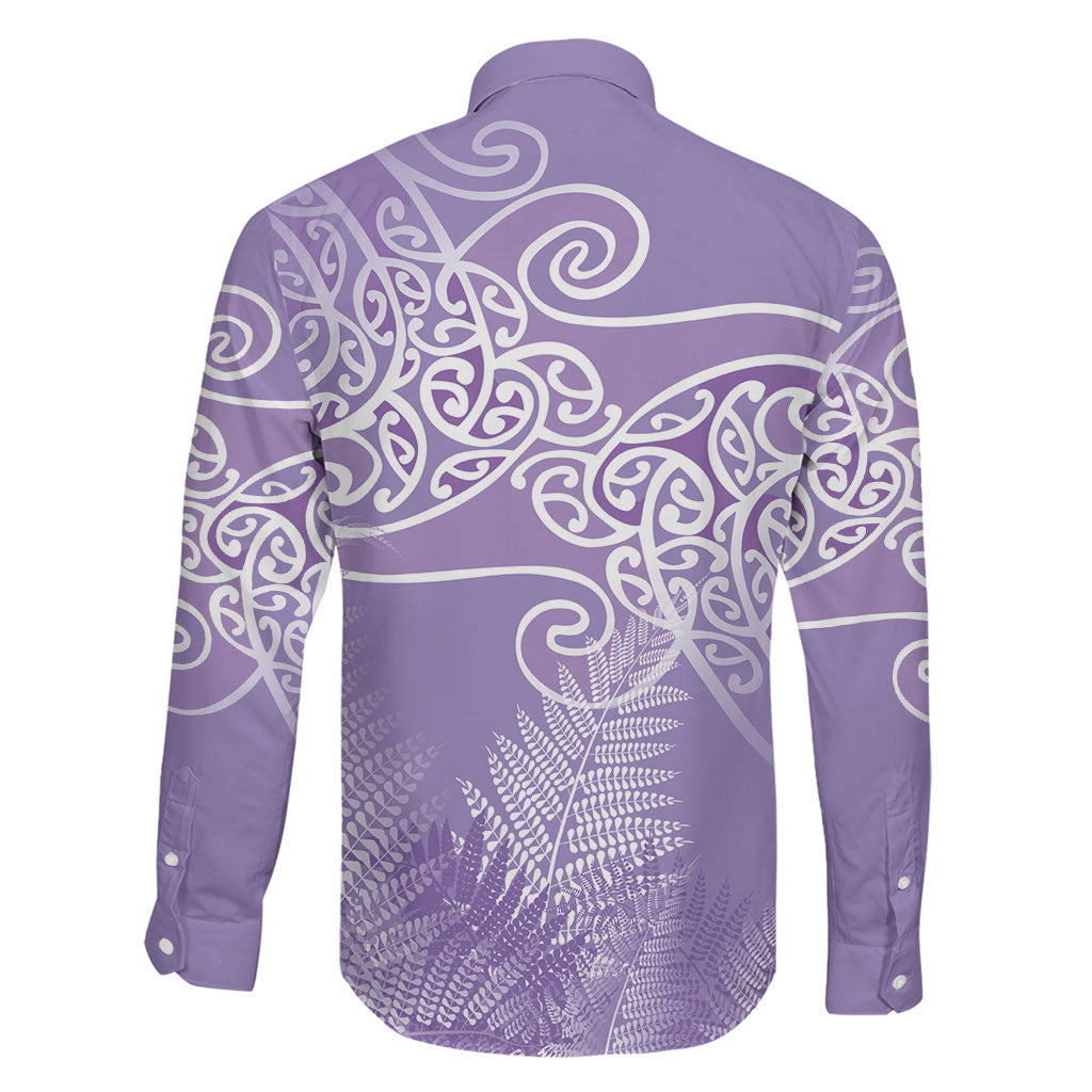 Aotearoa Maori Koru Curves Family Matching Long Sleeve Bodycon Dress and Hawaiian Shirt Silver Ferns - Amethyst LT7 - Polynesian Pride