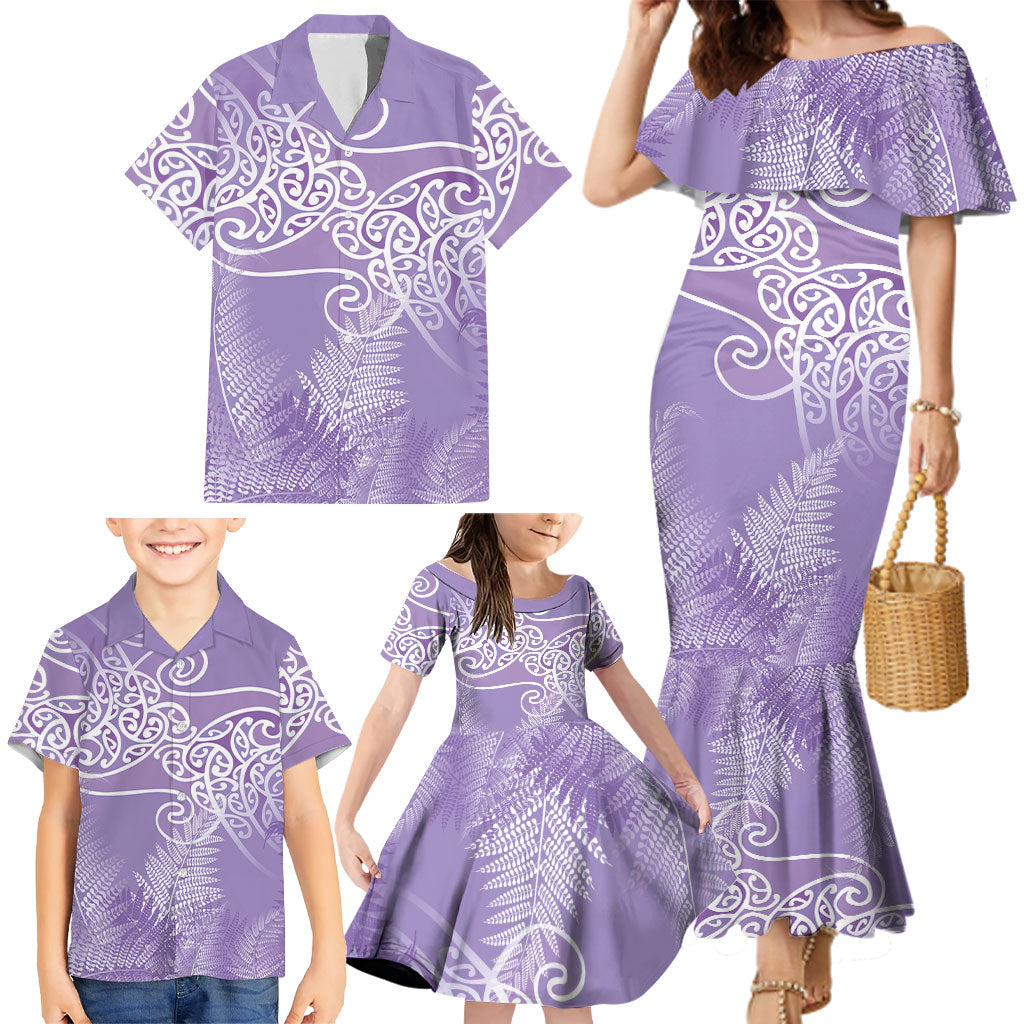 Aotearoa Maori Koru Curves Family Matching Mermaid Dress and Hawaiian Shirt Silver Ferns - Amethyst LT7 - Polynesian Pride