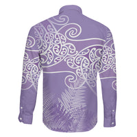 Aotearoa Maori Koru Curves Family Matching Off Shoulder Maxi Dress and Hawaiian Shirt Silver Ferns - Amethyst