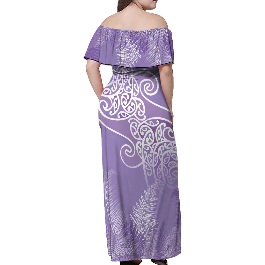 Aotearoa Maori Koru Curves Family Matching Off Shoulder Maxi Dress and Hawaiian Shirt Silver Ferns - Amethyst