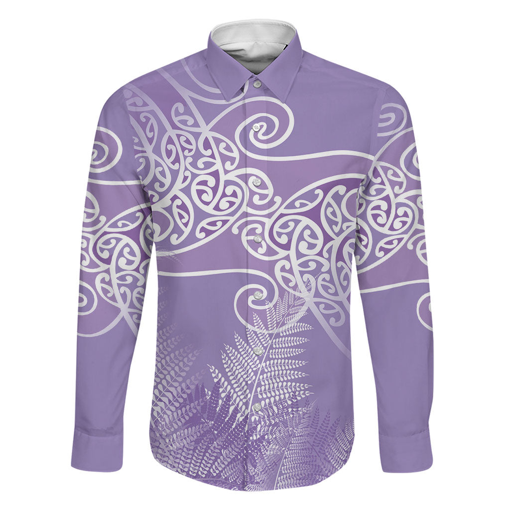 Aotearoa Maori Koru Curves Family Matching Off Shoulder Short Dress and Hawaiian Shirt Silver Ferns - Amethyst LT7 Dad's Shirt - Long Sleeve Purple - Polynesian Pride