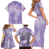 Aotearoa Maori Koru Curves Family Matching Short Sleeve Bodycon Dress and Hawaiian Shirt Silver Ferns - Amethyst LT7 - Polynesian Pride
