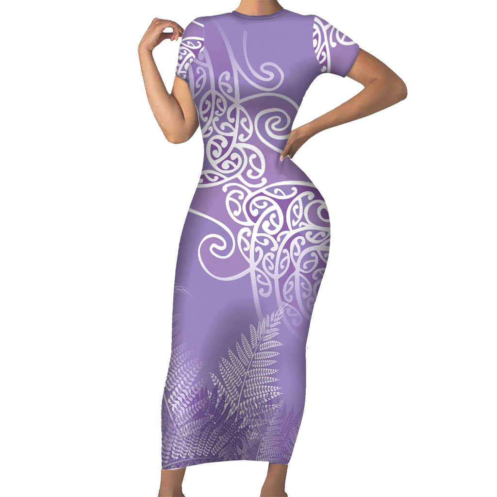 Aotearoa Maori Koru Curves Family Matching Short Sleeve Bodycon Dress and Hawaiian Shirt Silver Ferns - Amethyst LT7 Mom's Dress Purple - Polynesian Pride