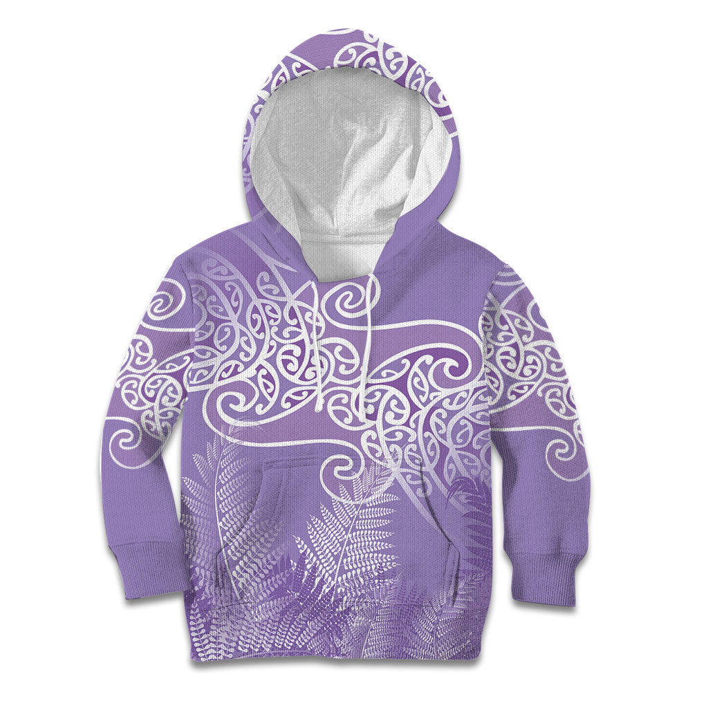 Aotearoa Maori Koru Curves Kid Hoodie Silver Ferns - Amethyst