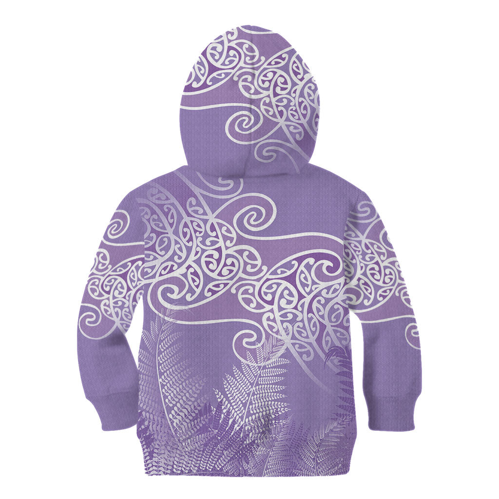 Aotearoa Maori Koru Curves Kid Hoodie Silver Ferns - Amethyst