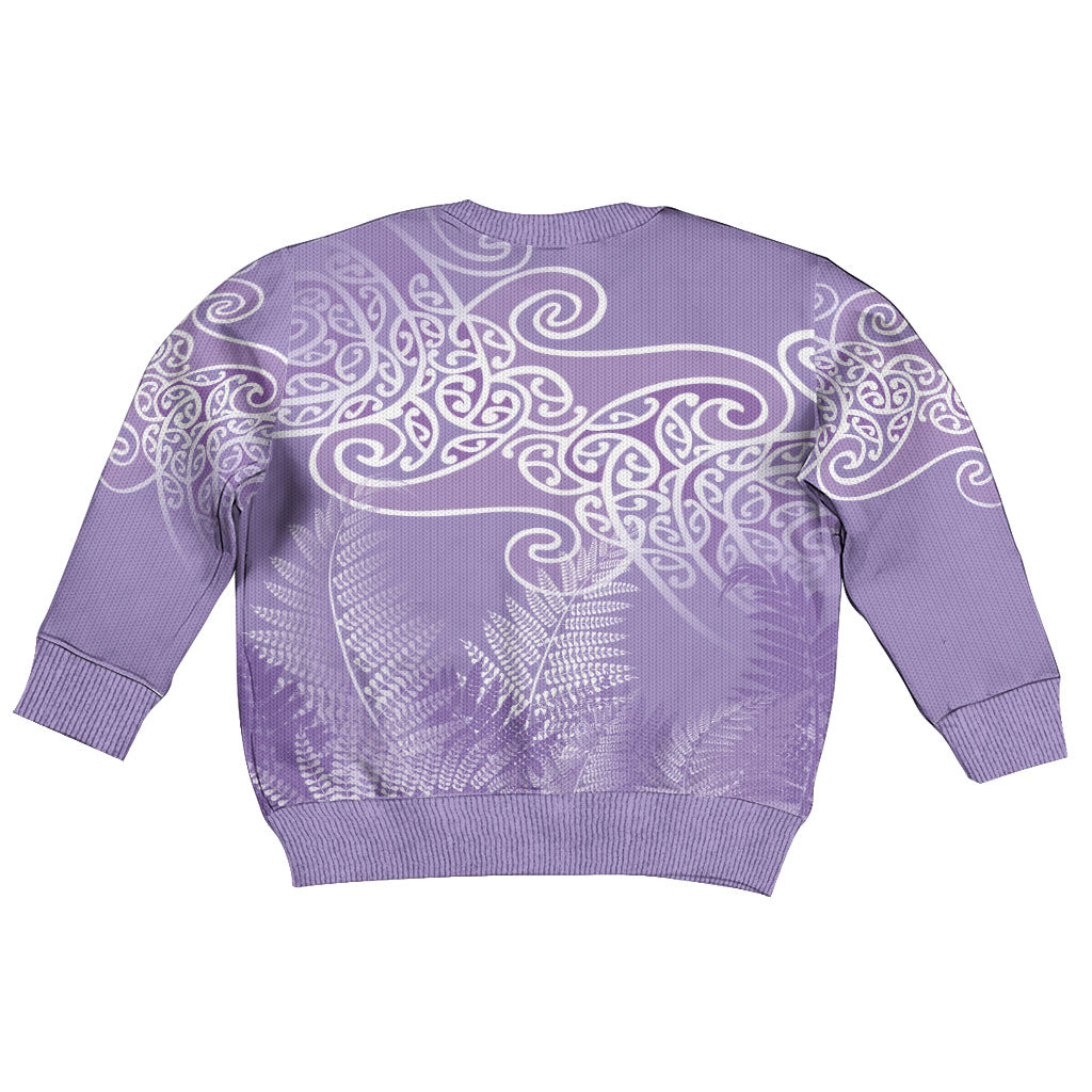 Aotearoa Maori Koru Curves Kid Ugly Christmas Sweater Silver Ferns - Amethyst LT7 - Polynesian Pride
