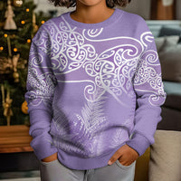 Aotearoa Maori Koru Curves Kid Ugly Christmas Sweater Silver Ferns - Amethyst LT7 - Polynesian Pride