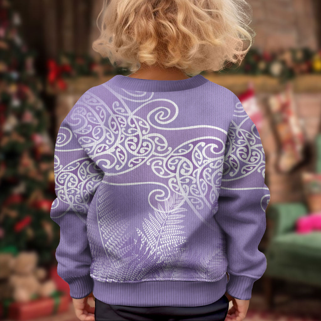 Aotearoa Maori Koru Curves Kid Ugly Christmas Sweater Silver Ferns - Amethyst LT7 - Polynesian Pride