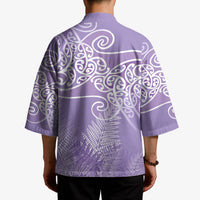 Aotearoa Maori Koru Curves Kimono Silver Ferns - Amethyst