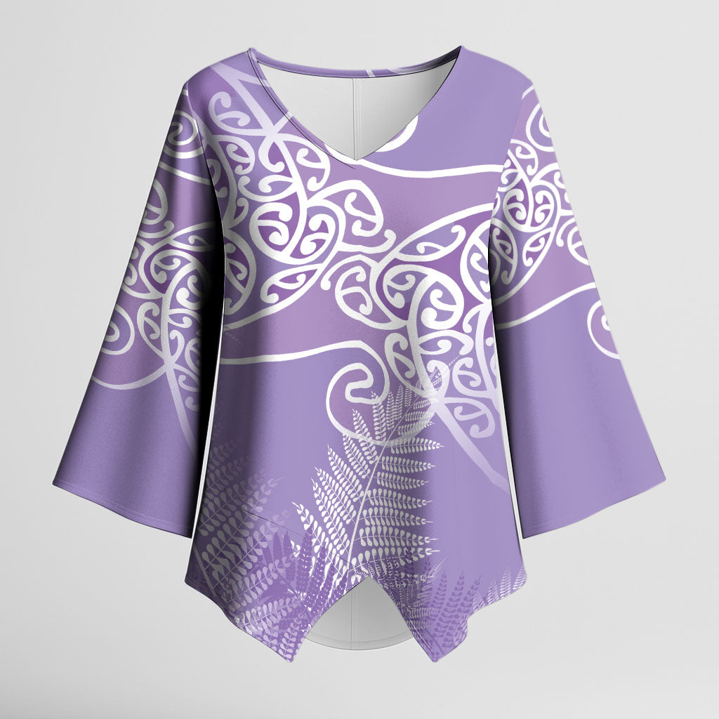 Aotearoa Maori Koru Curves Kimono Sleeve Blouse Silver Ferns - Amethyst