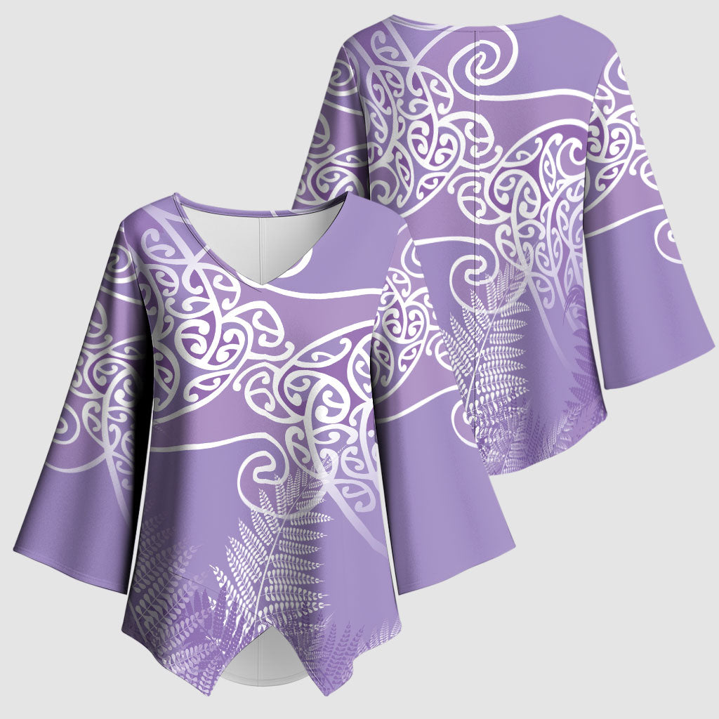 Aotearoa Maori Koru Curves Kimono Sleeve Blouse Silver Ferns - Amethyst
