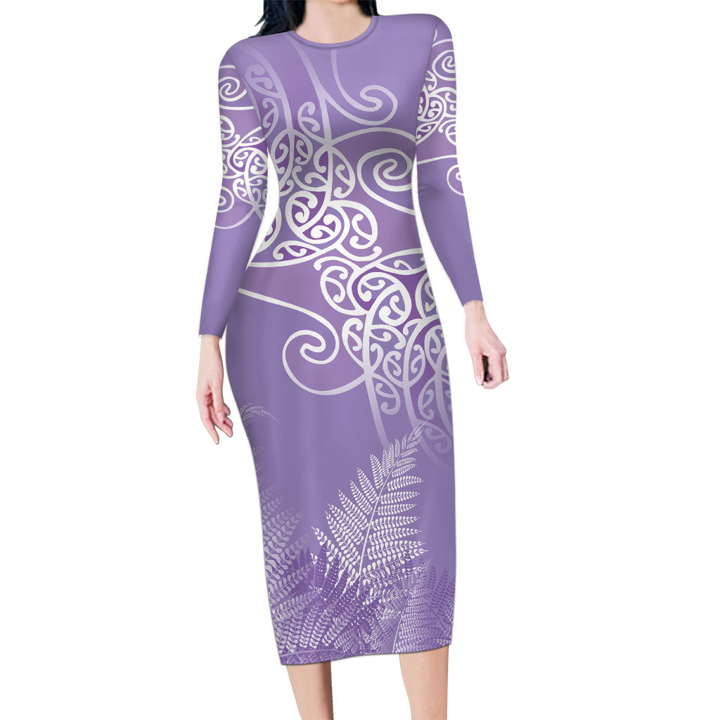 Aotearoa Maori Koru Curves Long Sleeve Bodycon Dress Silver Ferns - Amethyst