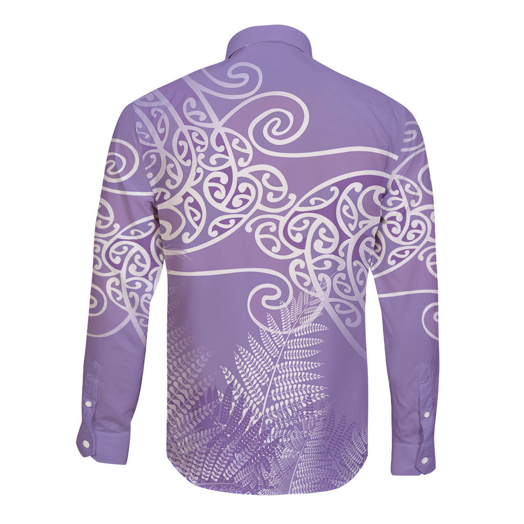 Aotearoa Maori Koru Curves Long Sleeve Button Shirt Silver Ferns - Amethyst
