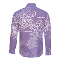 Aotearoa Maori Koru Curves Long Sleeve Button Shirt Silver Ferns - Amethyst