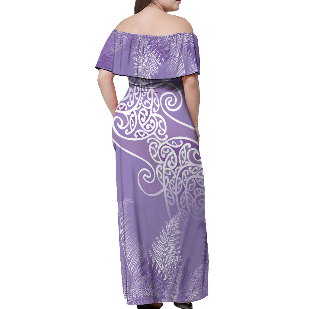 Aotearoa Maori Koru Curves Off Shoulder Maxi Dress Silver Ferns - Amethyst