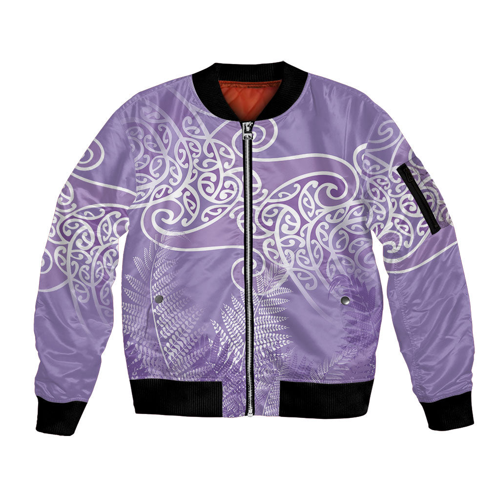 Aotearoa Maori Koru Curves Sleeve Zip Bomber Jacket Silver Ferns - Amethyst