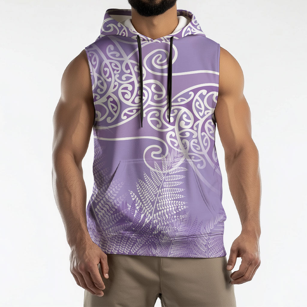 Aotearoa Maori Koru Curves Sleeveless Hoodie Silver Ferns - Amethyst