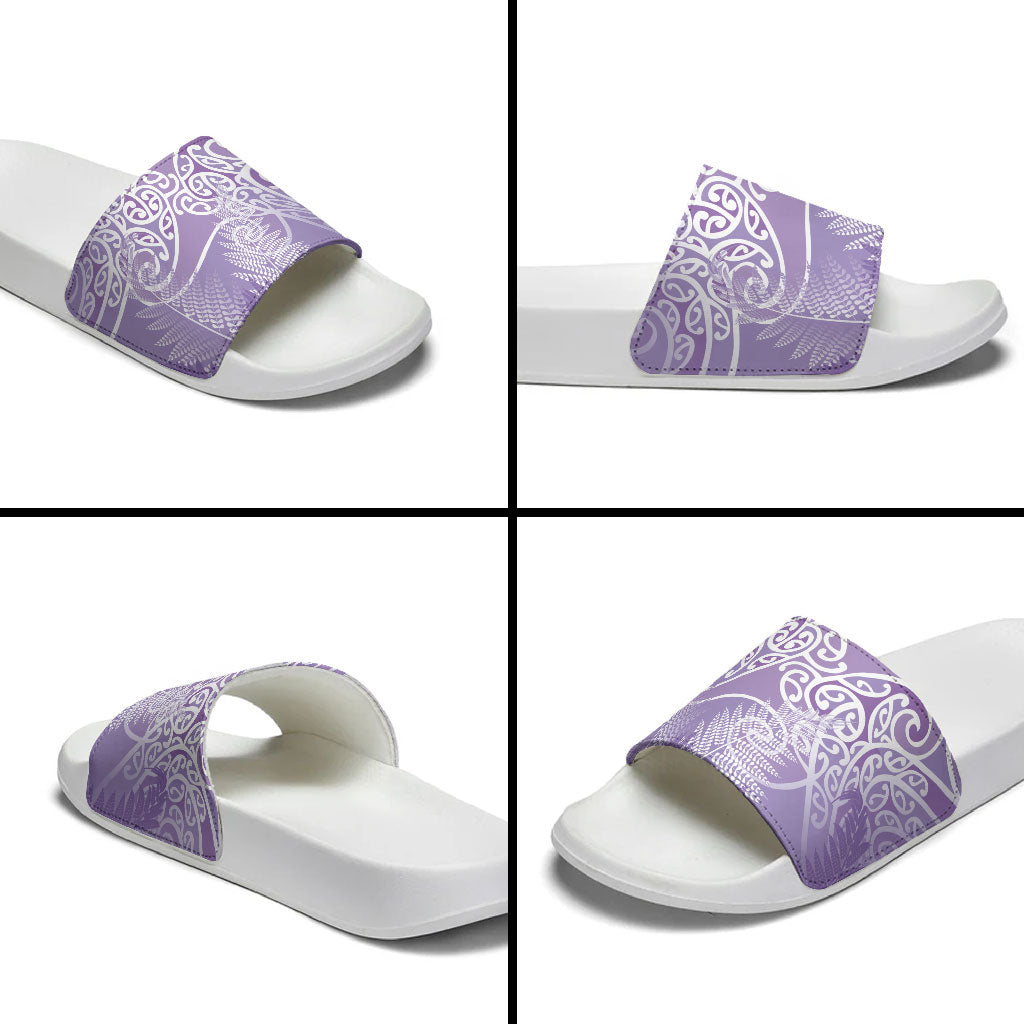 Aotearoa Maori Koru Curves Slide Sandals Silver Ferns - Amethyst
