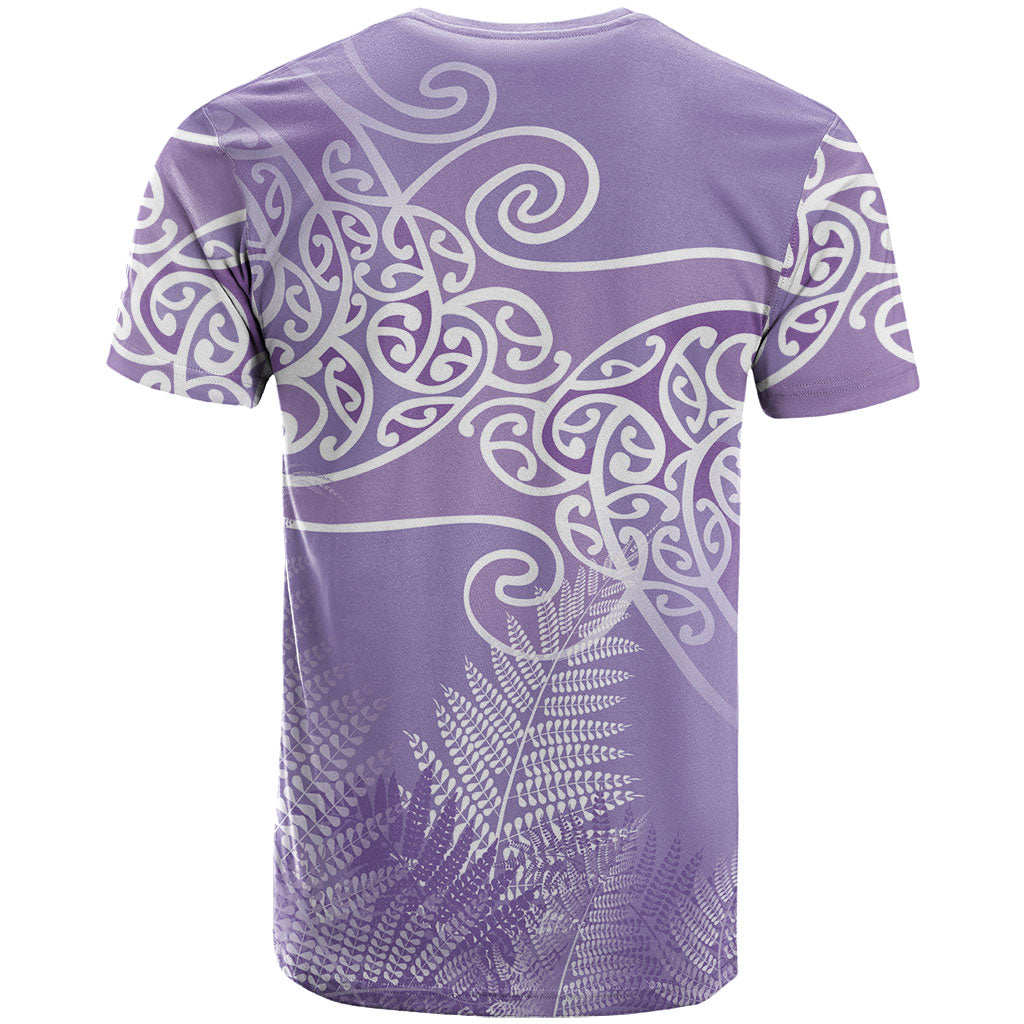 Aotearoa Maori Koru Curves T Shirt Silver Ferns - Amethyst