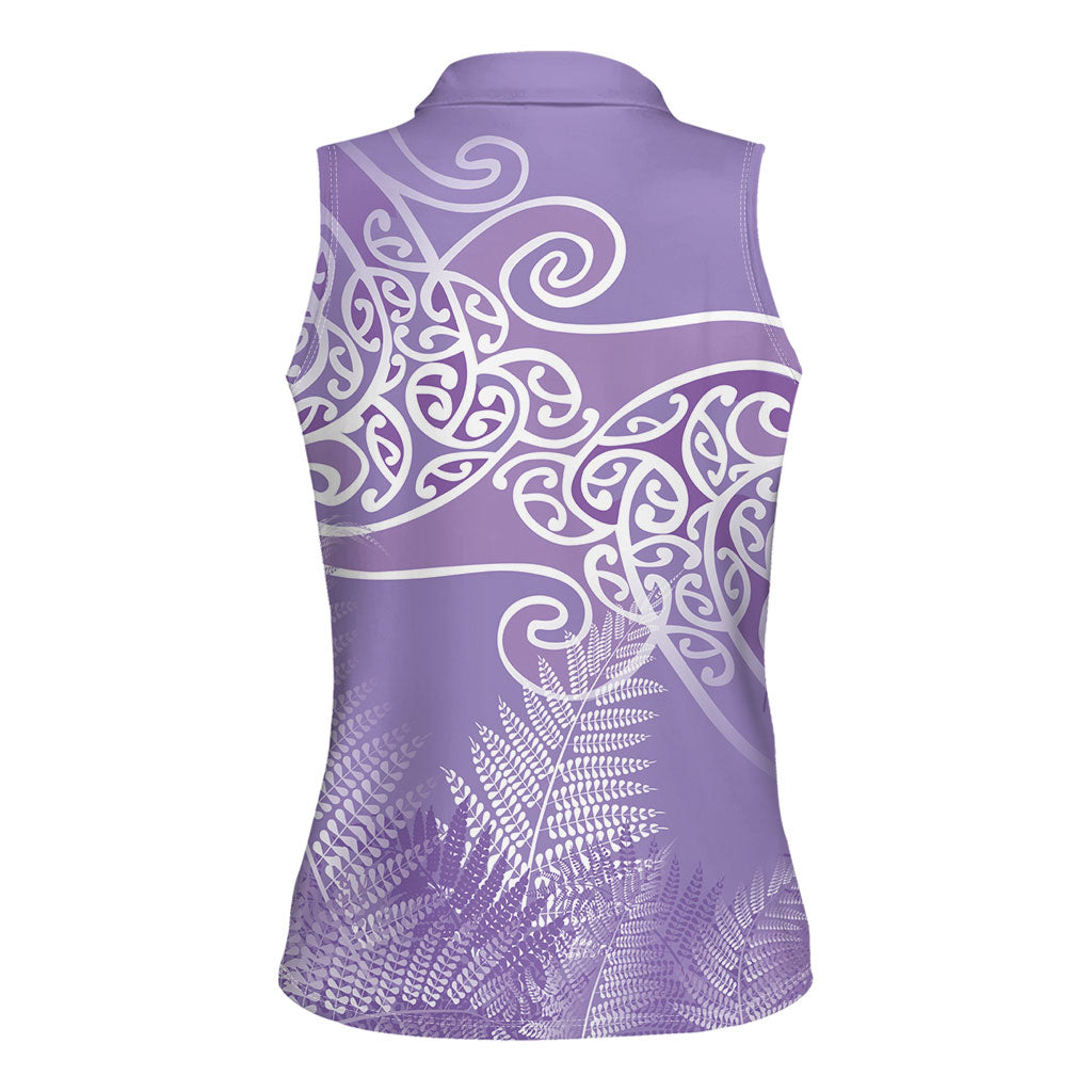 Aotearoa Maori Koru Curves Women Sleeveless Polo Shirt Silver Ferns - Amethyst