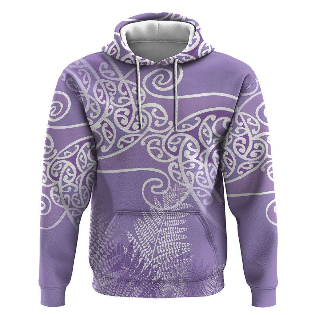 Aotearoa Maori Koru Curves Zip Hoodie Silver Ferns - Amethyst