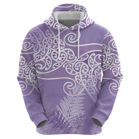 Aotearoa Maori Koru Curves Zip Hoodie Silver Ferns - Amethyst