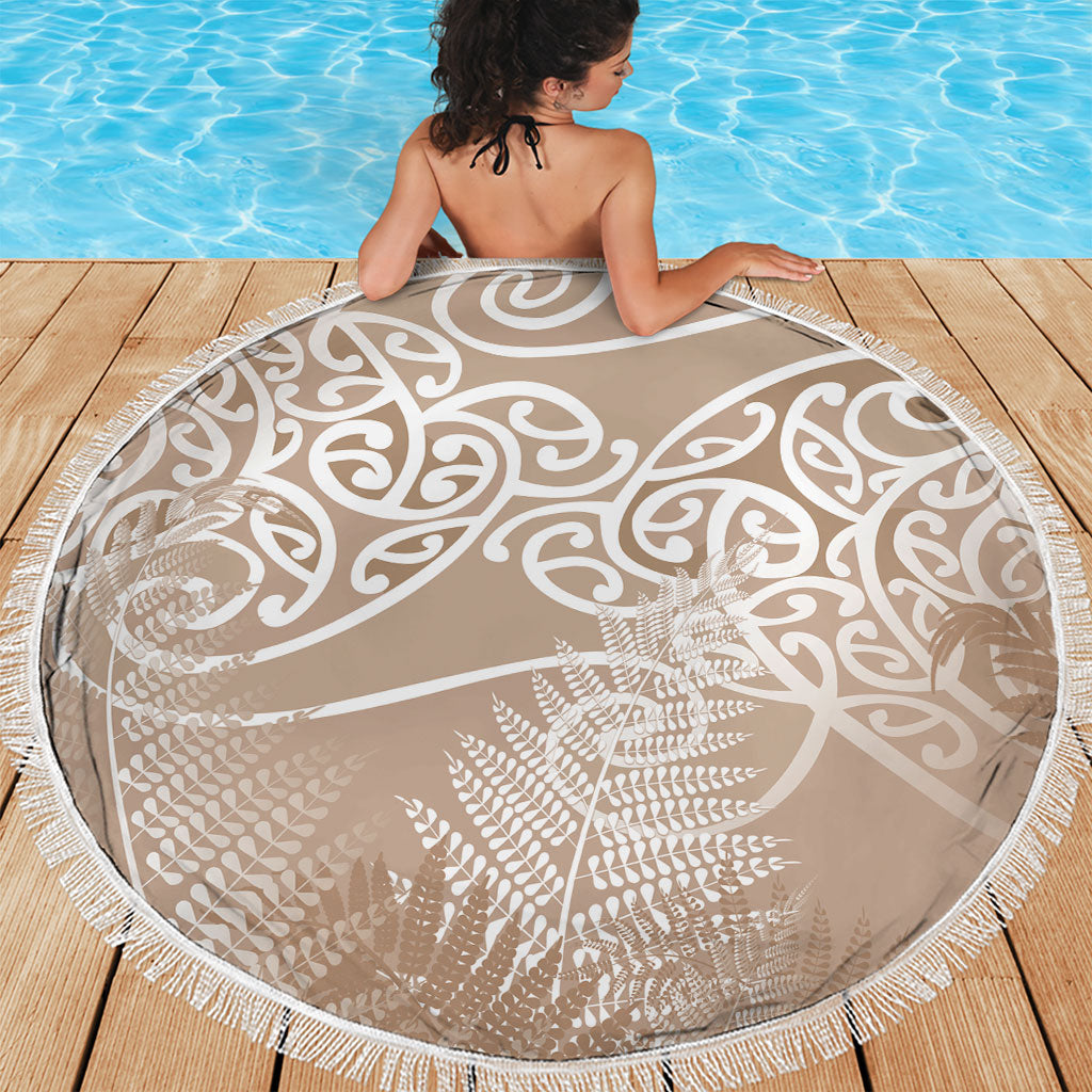 Aotearoa Maori Koru Curves Beach Blanket Silver Ferns - Mocha