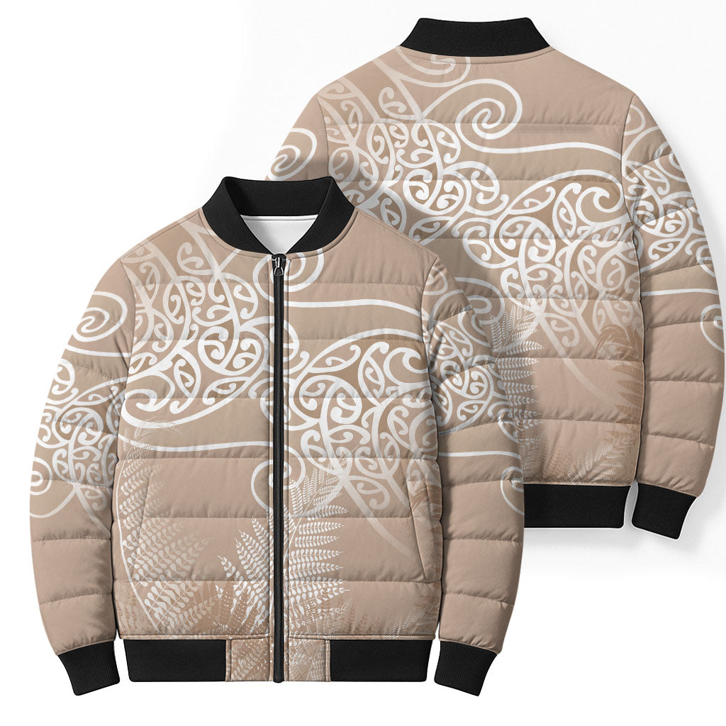Aotearoa Maori Koru Curves Bomber Puffer Jacket Silver Ferns - Mocha