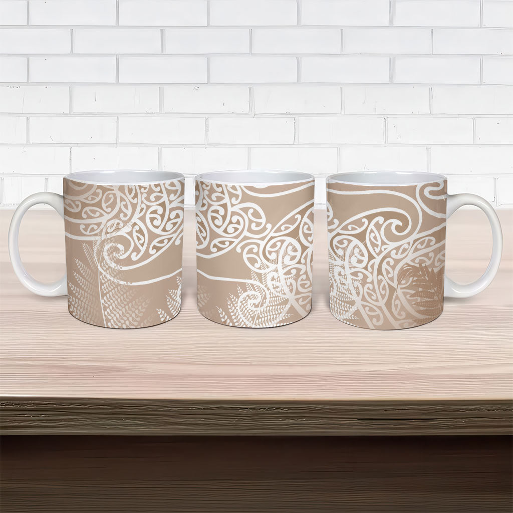 Aotearoa Maori Koru Curves Ceramic Mug Silver Ferns - Mocha