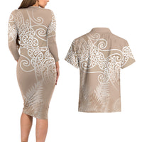 Aotearoa Maori Koru Curves Couples Matching Long Sleeve Bodycon Dress and Hawaiian Shirt Silver Ferns - Mocha
