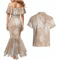 Aotearoa Maori Koru Curves Couples Matching Mermaid Dress and Hawaiian Shirt Silver Ferns - Mocha