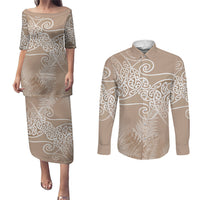 Aotearoa Maori Koru Curves Couples Matching Puletasi and Long Sleeve Button Shirt Silver Ferns - Mocha