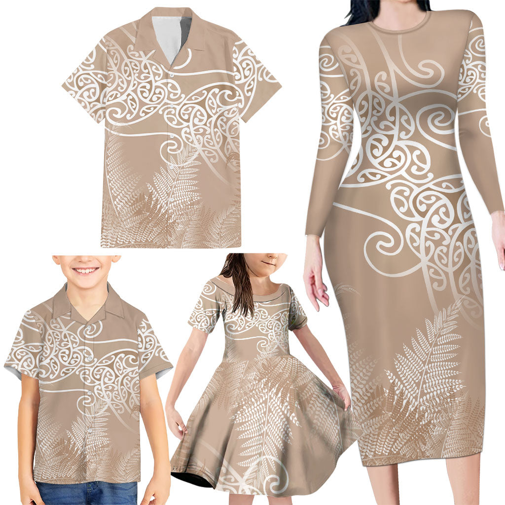 Aotearoa Maori Koru Curves Family Matching Long Sleeve Bodycon Dress and Hawaiian Shirt Silver Ferns - Mocha