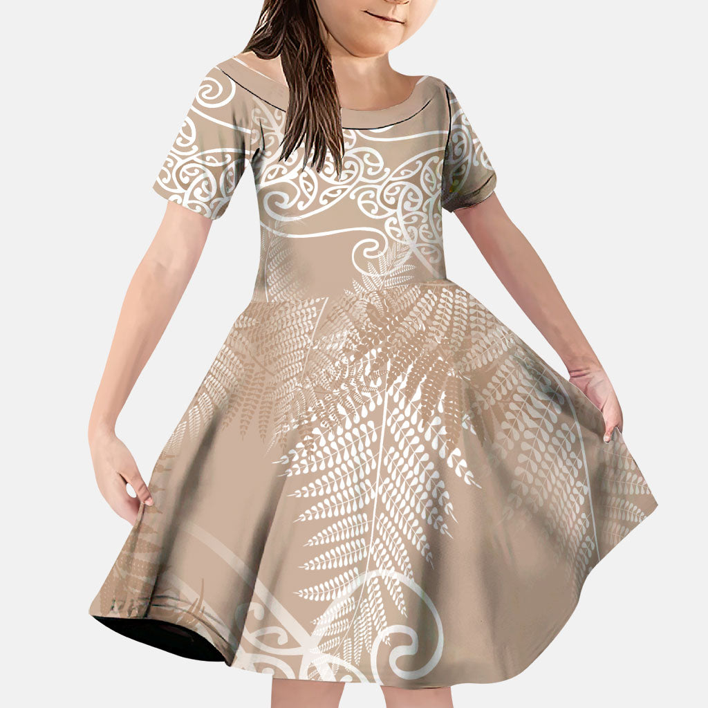 Aotearoa Maori Koru Curves Family Matching Off The Shoulder Long Sleeve Dress and Hawaiian Shirt Silver Ferns - Mocha LT7 Daughter's Dress Beige - Polynesian Pride