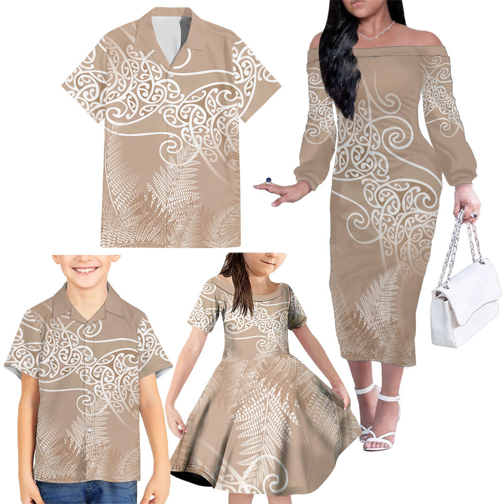 Aotearoa Maori Koru Curves Family Matching Off The Shoulder Long Sleeve Dress and Hawaiian Shirt Silver Ferns - Mocha LT7 - Polynesian Pride