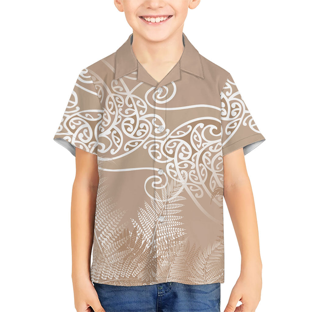Aotearoa Maori Koru Curves Family Matching Off The Shoulder Long Sleeve Dress and Hawaiian Shirt Silver Ferns - Mocha LT7 Son's Shirt Beige - Polynesian Pride